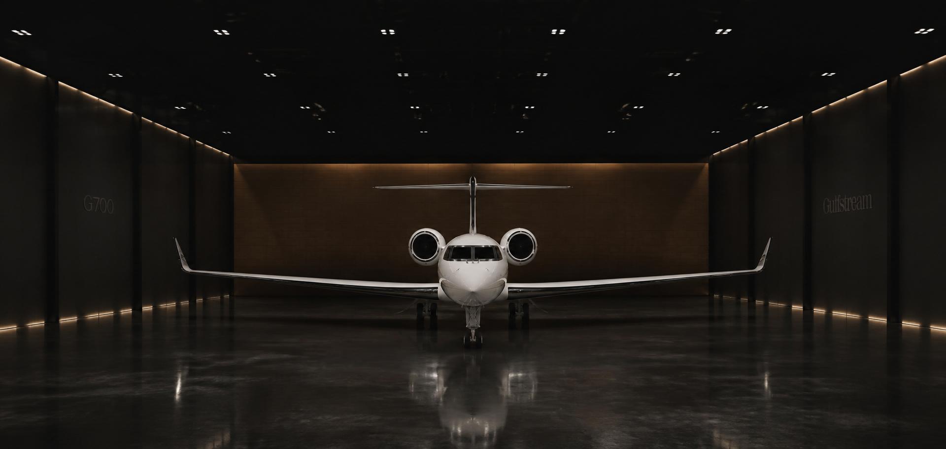 Aeronave executiva em hangar de luxo minimalista